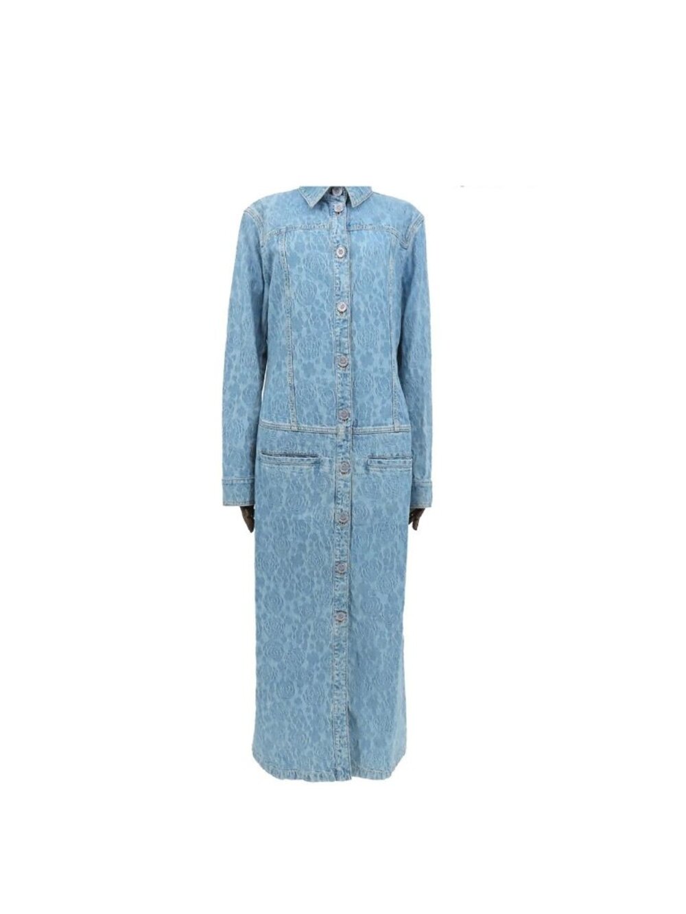 Chanel Denim Coat Blue Cotton Camellia Pattern Lion Button 23P Long Jacket 36
